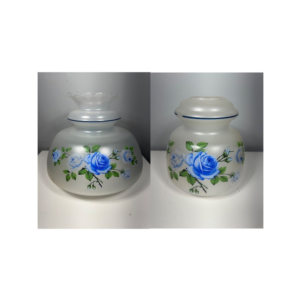 2 Piece Pair Hurricane Lamp Shades Dome Blue Rose Aladdin Oil Electric